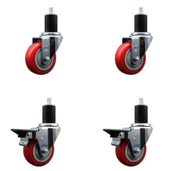Service Caster 3.5'' Red Poly Wheel Swivel 1-3/4'' Expanding Stem Caster Set 2 Brakes, 4PK SCC-EX20S3514-PPUB-RED-2-PLB-2-134 - main